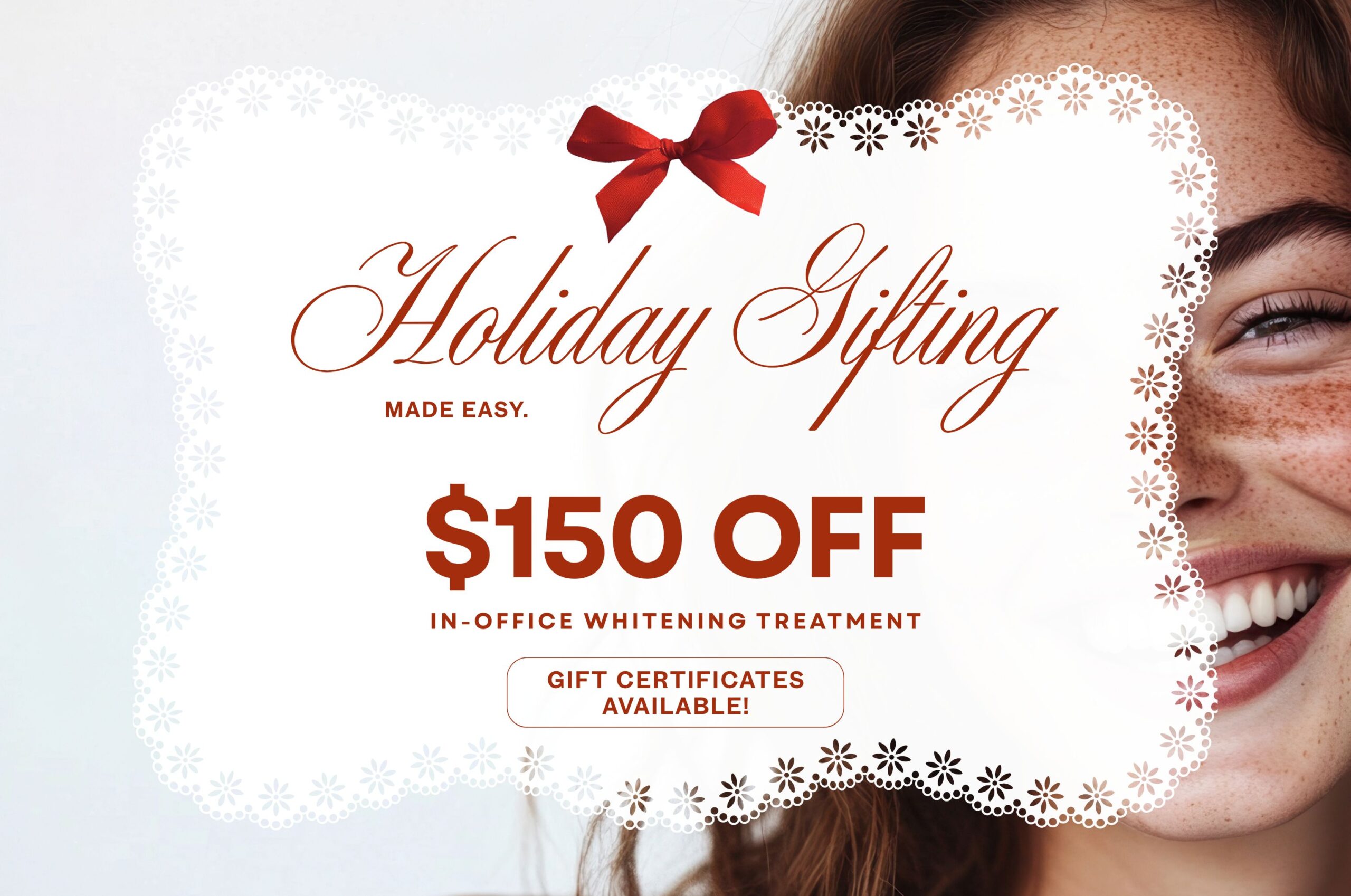 Girl smiling behind $150 off whitening promo graphic